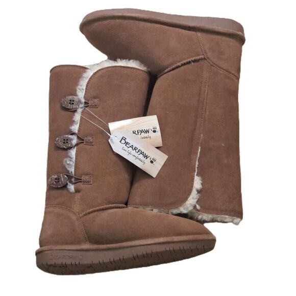 Bearpaw Women’s Lauren Suede Sheepskin Tan Brown Winter Comfy Cozy Boots Sz 7 - Picture 2 of 7